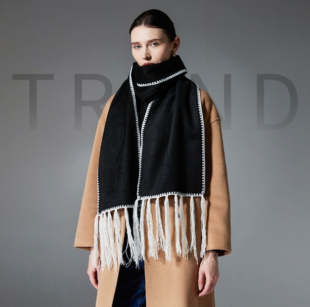 Winter Double-faced Contrast stitching & Tassel Scarf Chic Neckwear