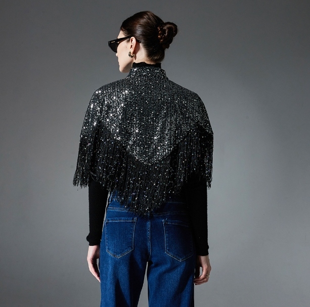 Party Sequin Black Sparkly Shawl With Embroidery