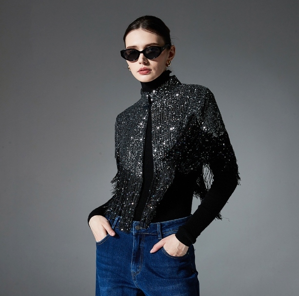 Party Sequin Black Sparkly Shawl With Embroidery