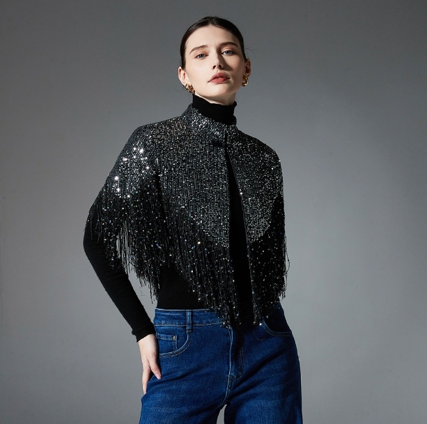 Party Sequin Black Sparkly Shawl With Embroidery