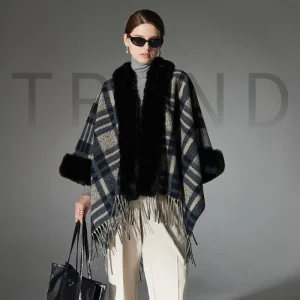 Autumn Warm Tartan Fringe Cloak Fur Collar Poncho