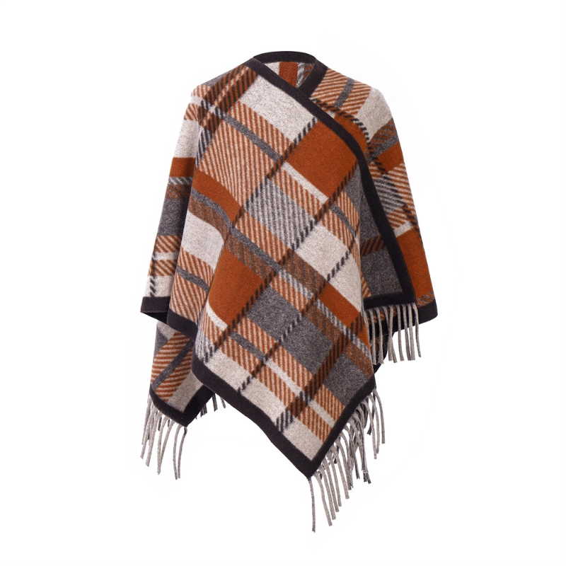 Custom Orange Plaid Wool Shawl With Fringe