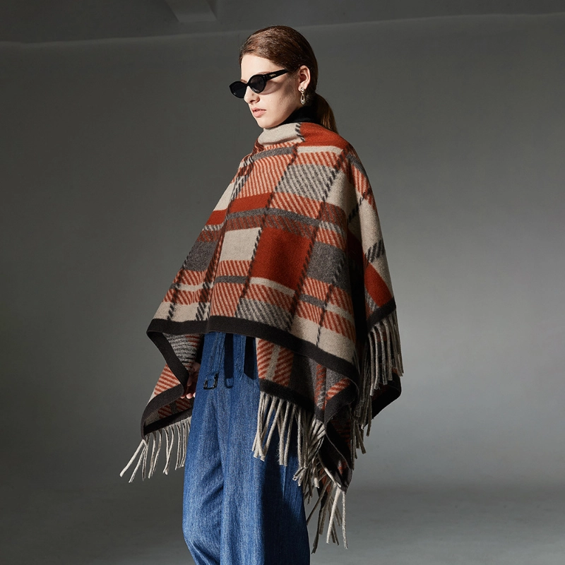 Custom Orange Plaid Wool Shawl With Fringe