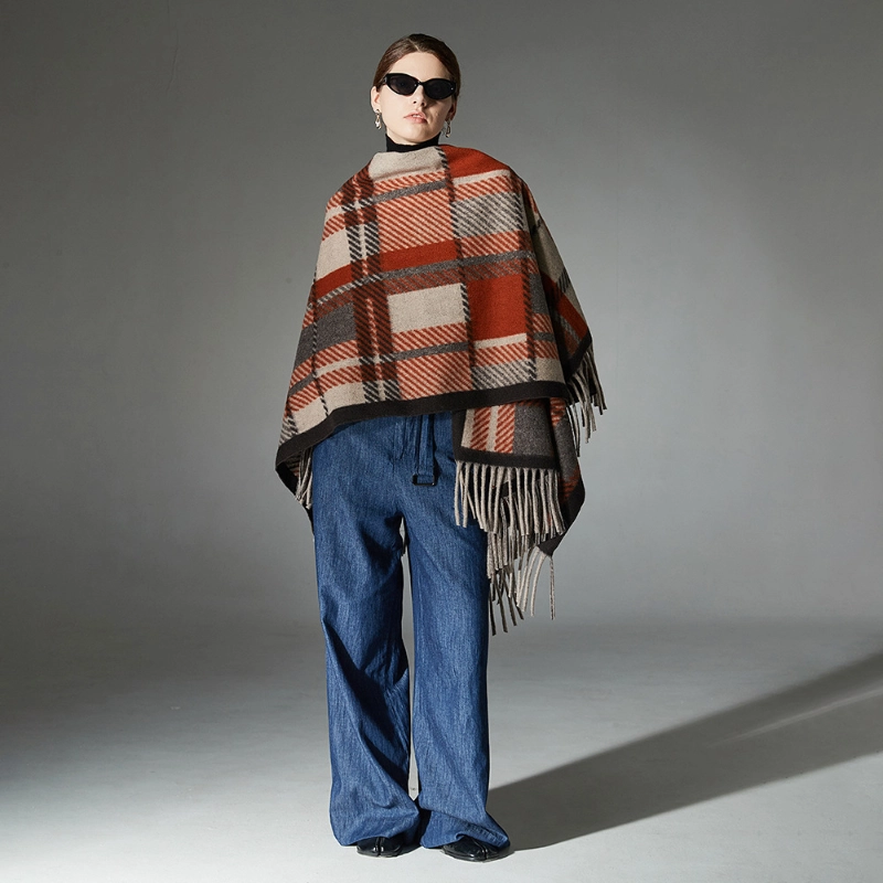 Custom Orange Plaid Wool Shawl With Fringe