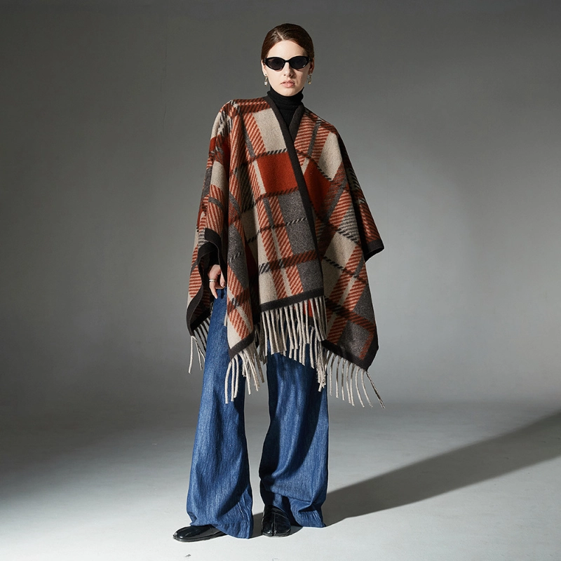 Custom Orange Plaid Wool Shawl With Fringe