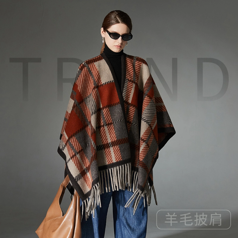 Custom Orange Plaid Wool Shawl With Fringe