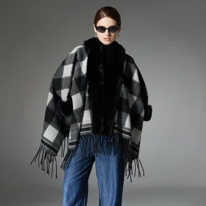 Leisure Fur Plaid Wrap With Fringe