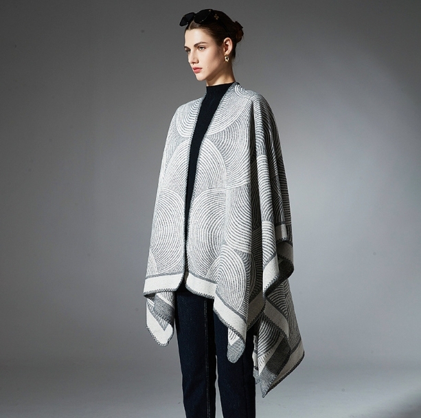 Fall Geometric Jacquard-knit Grey Shawl Wrap