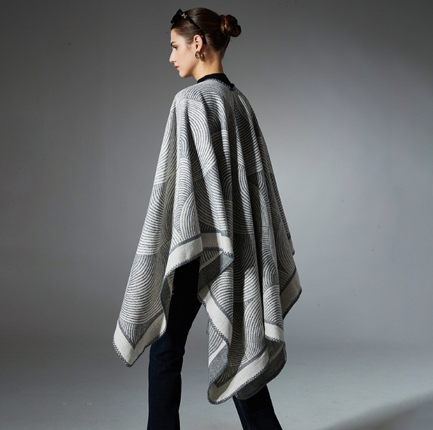 Fall Geometric Jacquard-knit Grey Shawl Wrap