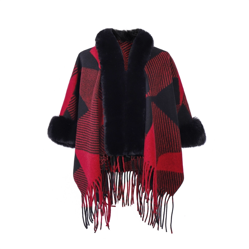 Wholesale Red Plaid Shawl With Fringe