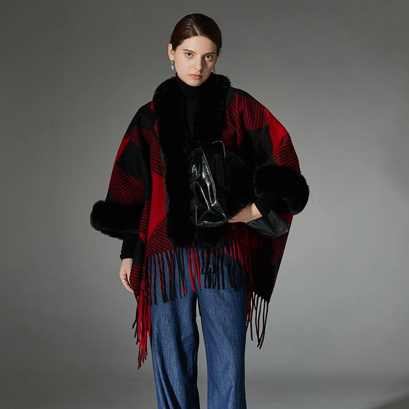 Wholesale Red Plaid Shawl With Fringe