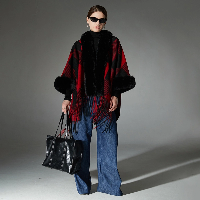 Wholesale Red Plaid Shawl With Fringe