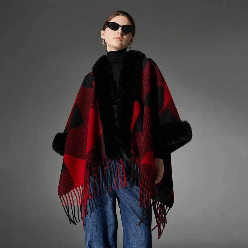 Wholesale Red Plaid Shawl With Fringe