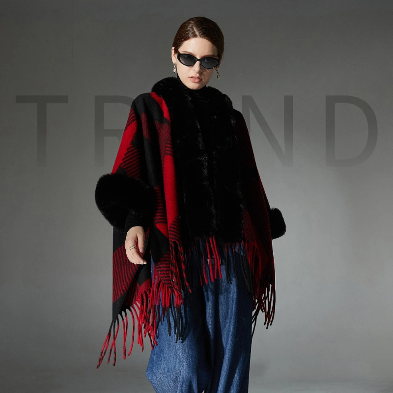 Wholesale Red Plaid Shawl With Fringe