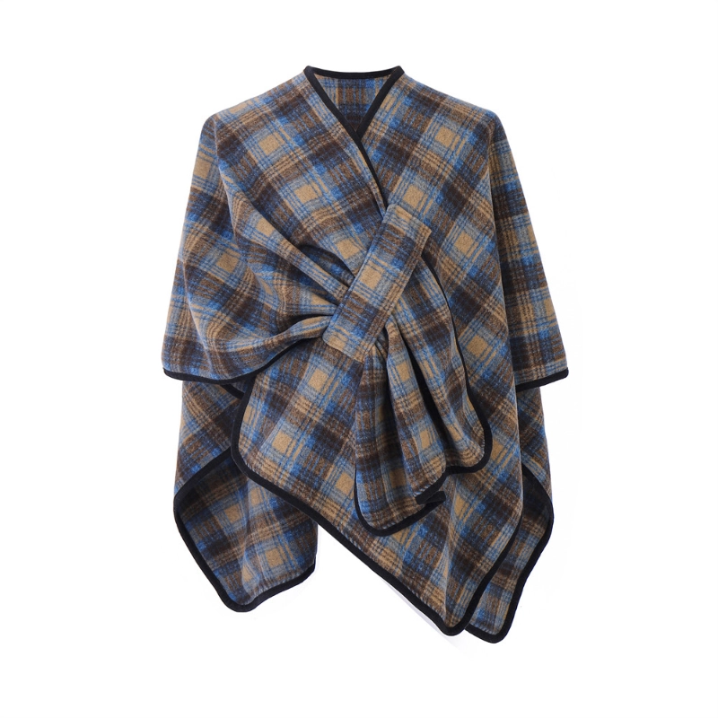 Custom Dark Blue Plaid Shawl Open Front Wrap