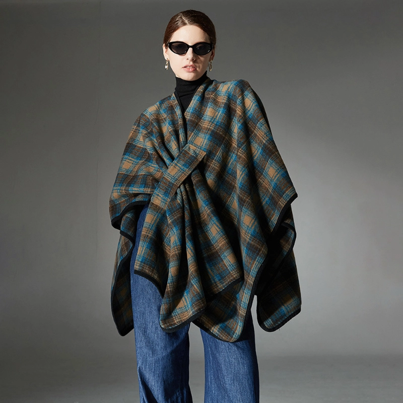 Custom Dark Blue Plaid Shawl Open Front Wrap