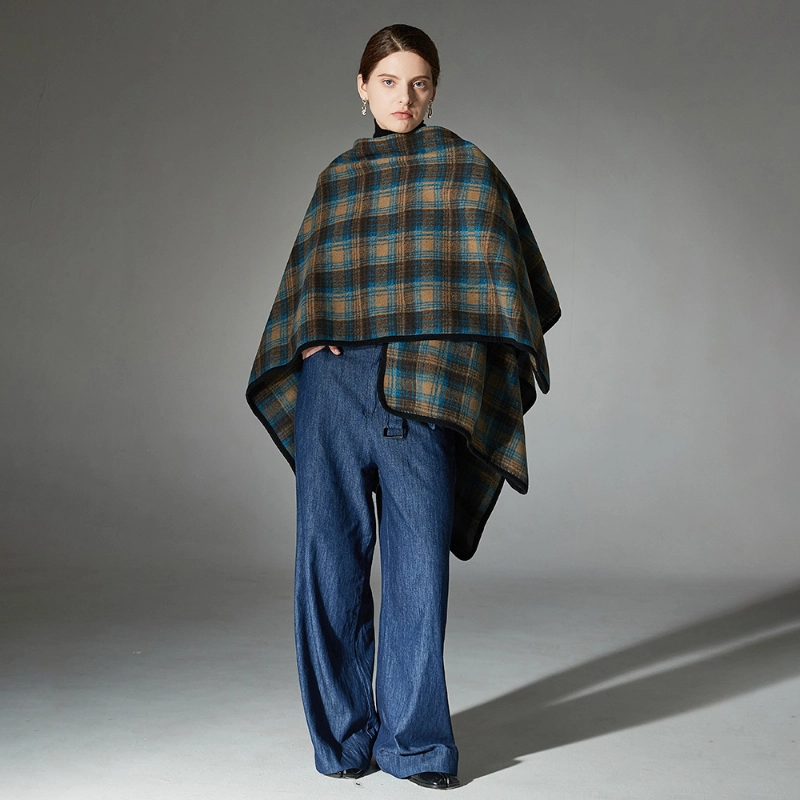 Custom Dark Blue Plaid Shawl Open Front Wrap
