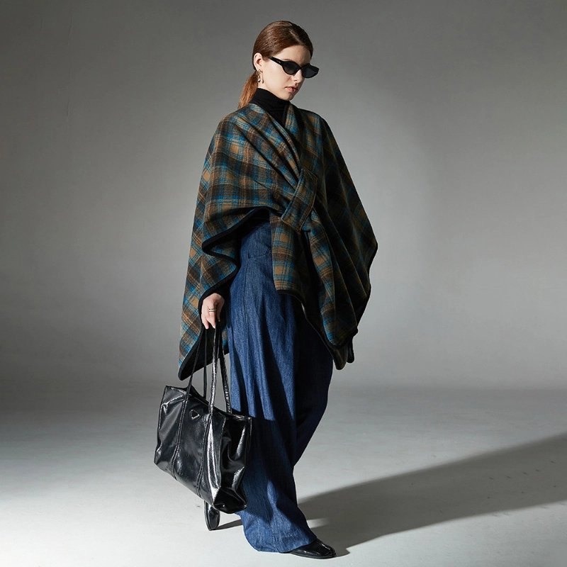Custom Dark Blue Plaid Shawl Open Front Wrap