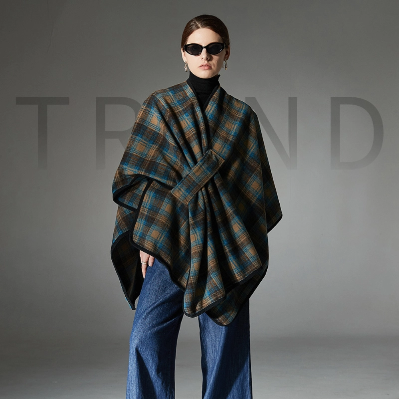 Custom Dark Blue Plaid Shawl Open Front Wrap