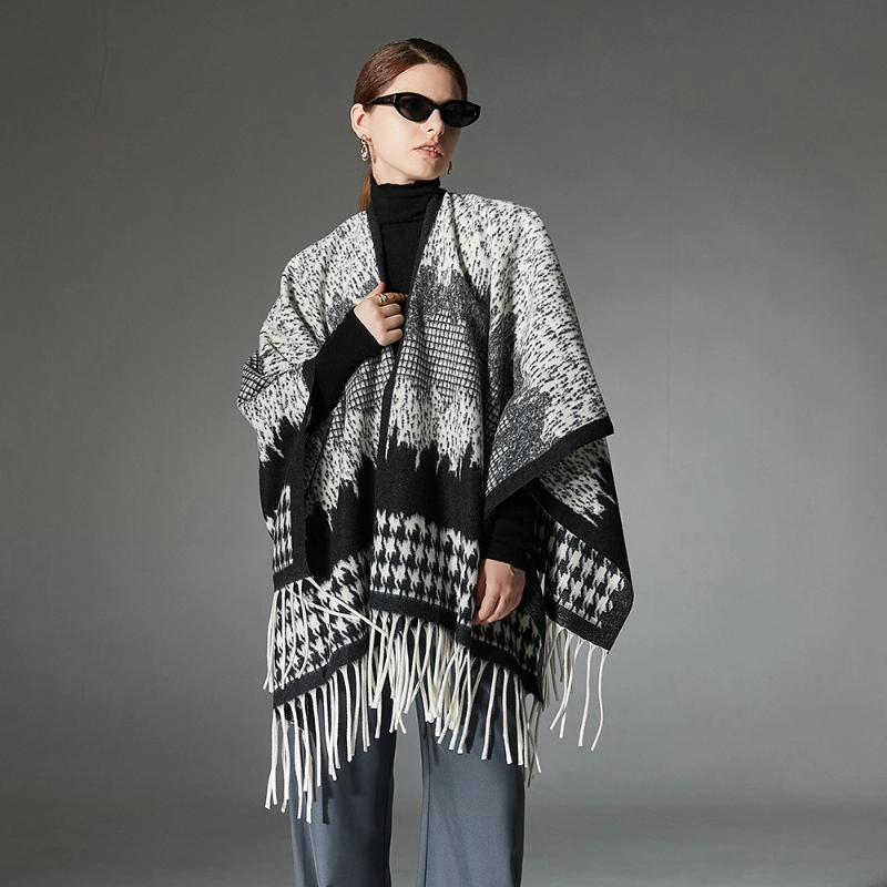 Custom Black Houndstooth Shawl With Fringe