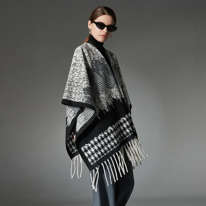 Custom Black Houndstooth Shawl With Fringe