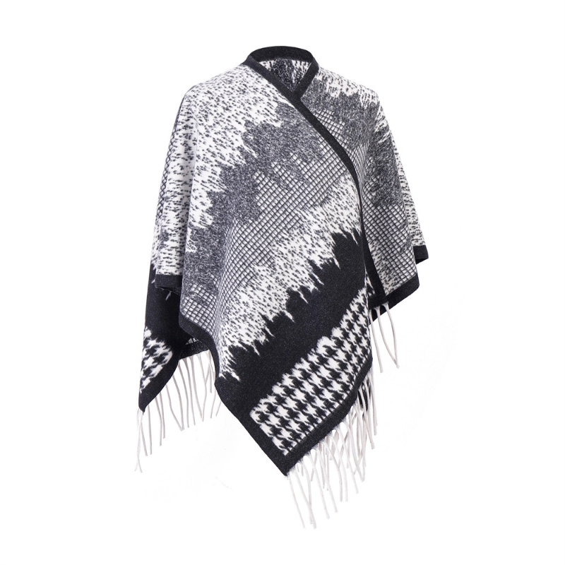 Custom Black Houndstooth Shawl With Fringe