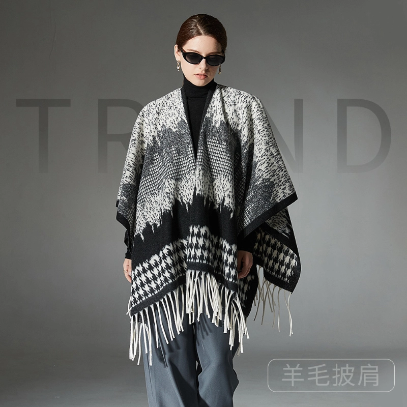 Custom Black Houndstooth Shawl With Fringe
