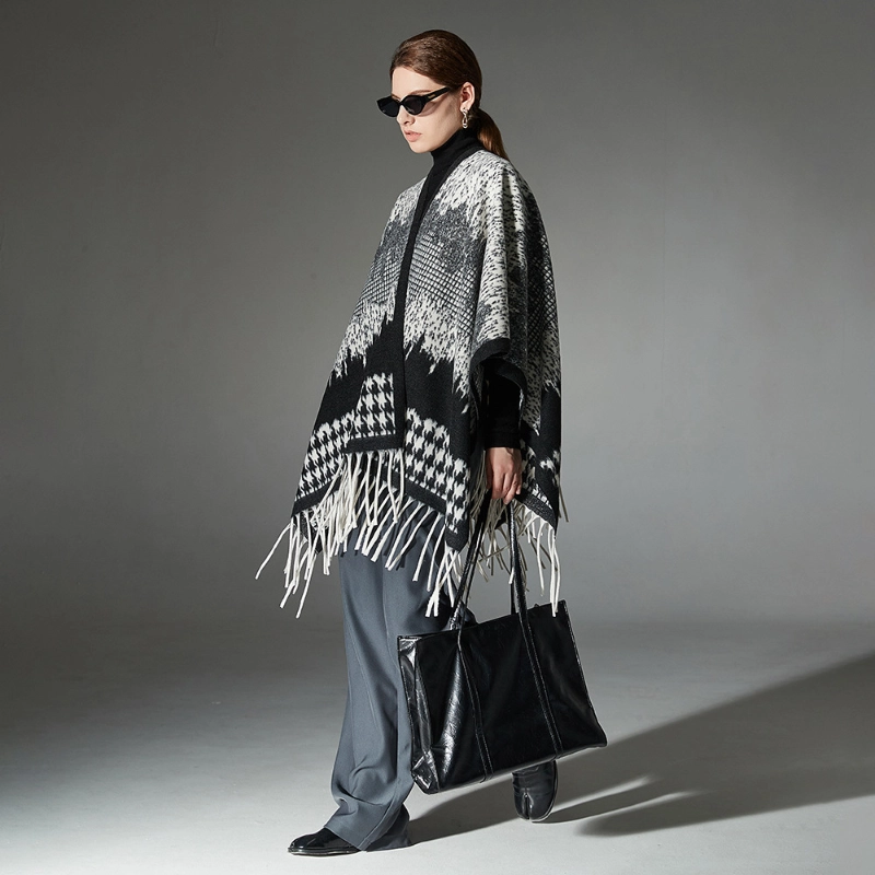 Custom Black Houndstooth Shawl With Fringe
