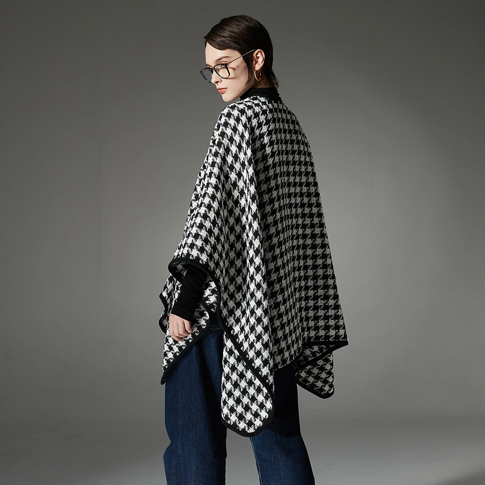Black Open Front Houndstooth Shawl Wraps