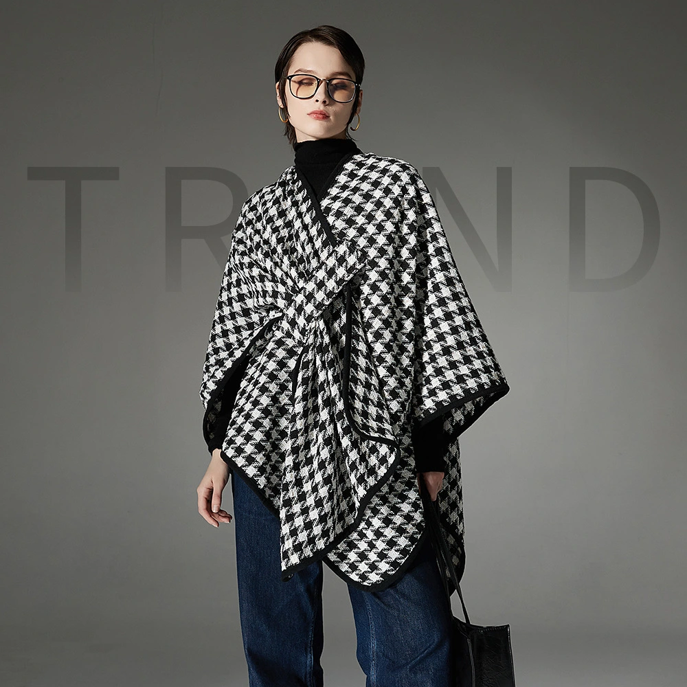 Black Open Front Houndstooth Shawl Wraps