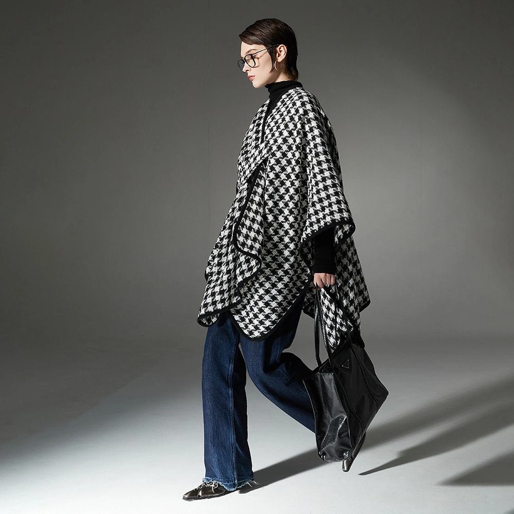 Black Open Front Houndstooth Shawl Wraps