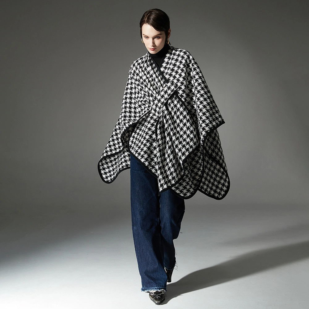 Black Open Front Houndstooth Shawl Wraps