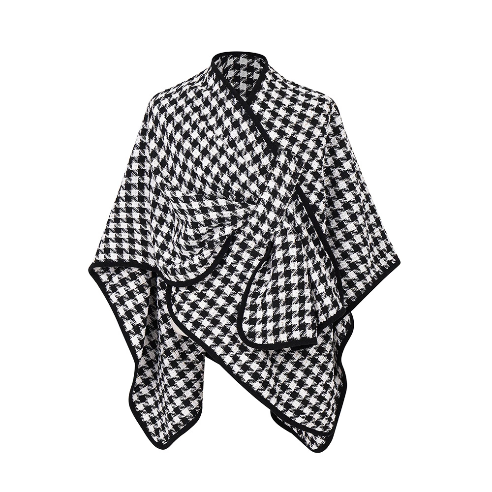 Black Open Front Houndstooth Shawl Wraps