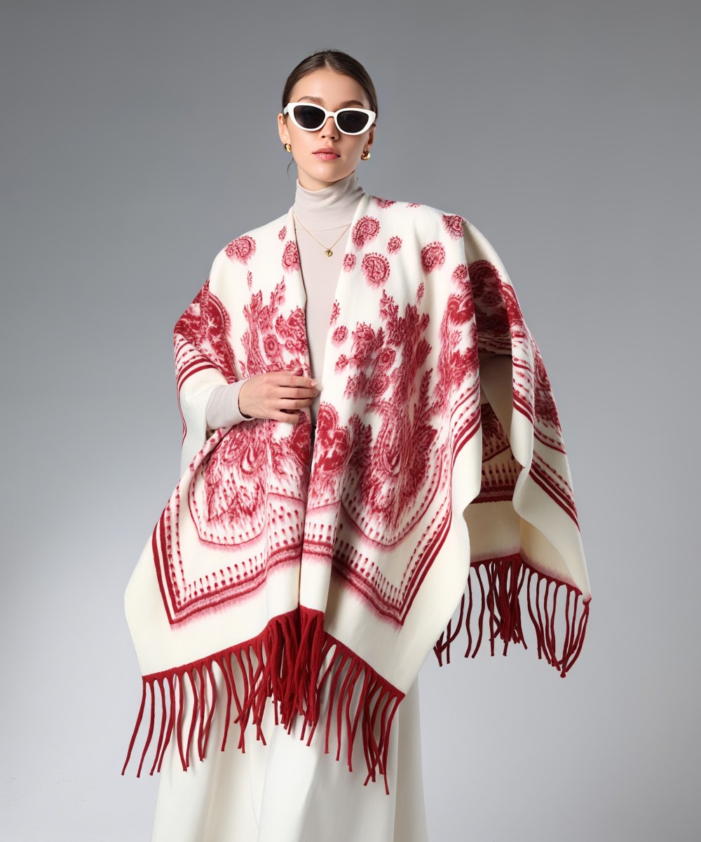 Bulk Vintage Red And White Paisley Shawl With Fringe