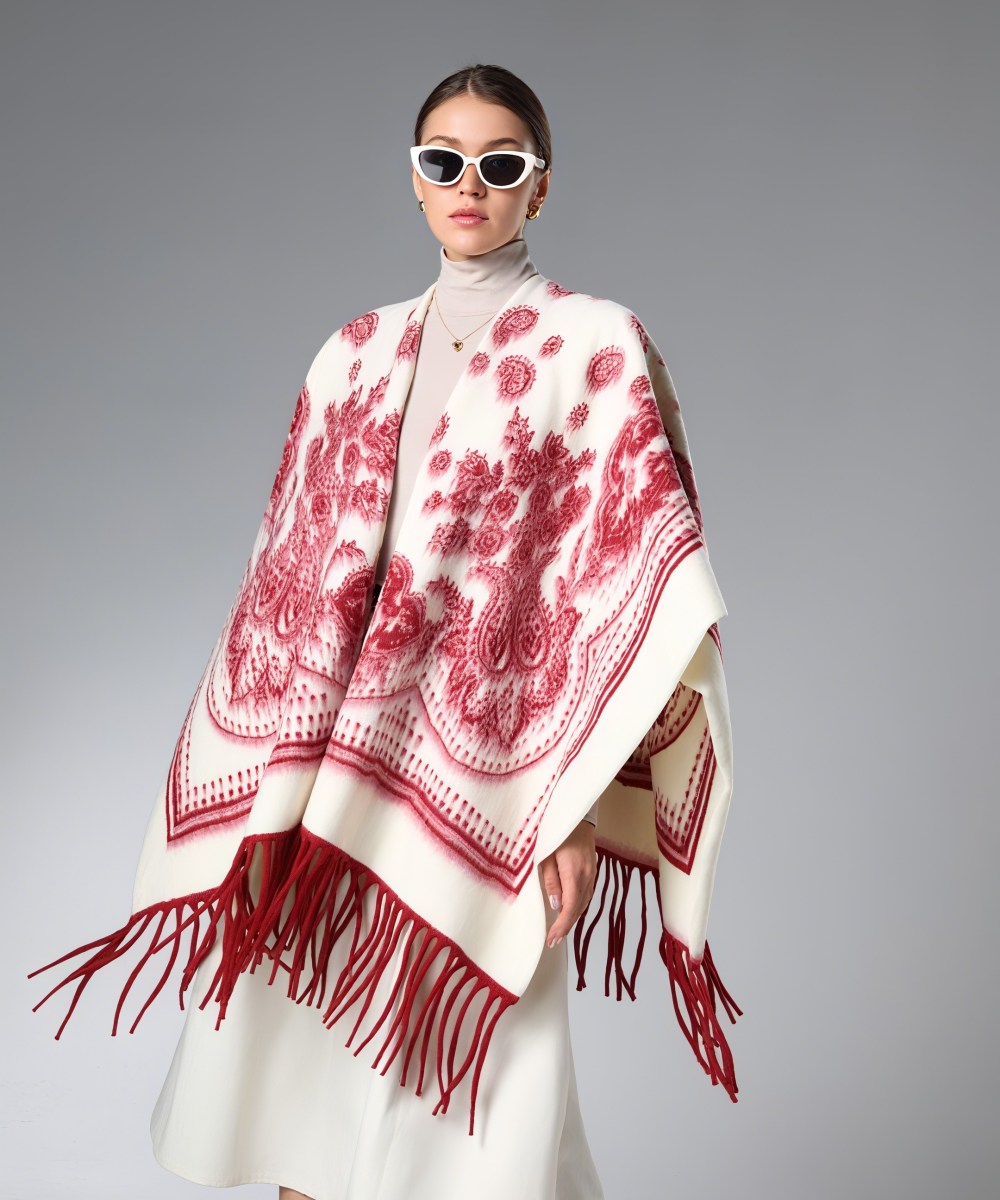 Bulk Vintage Red And White Paisley Shawl With Fringe