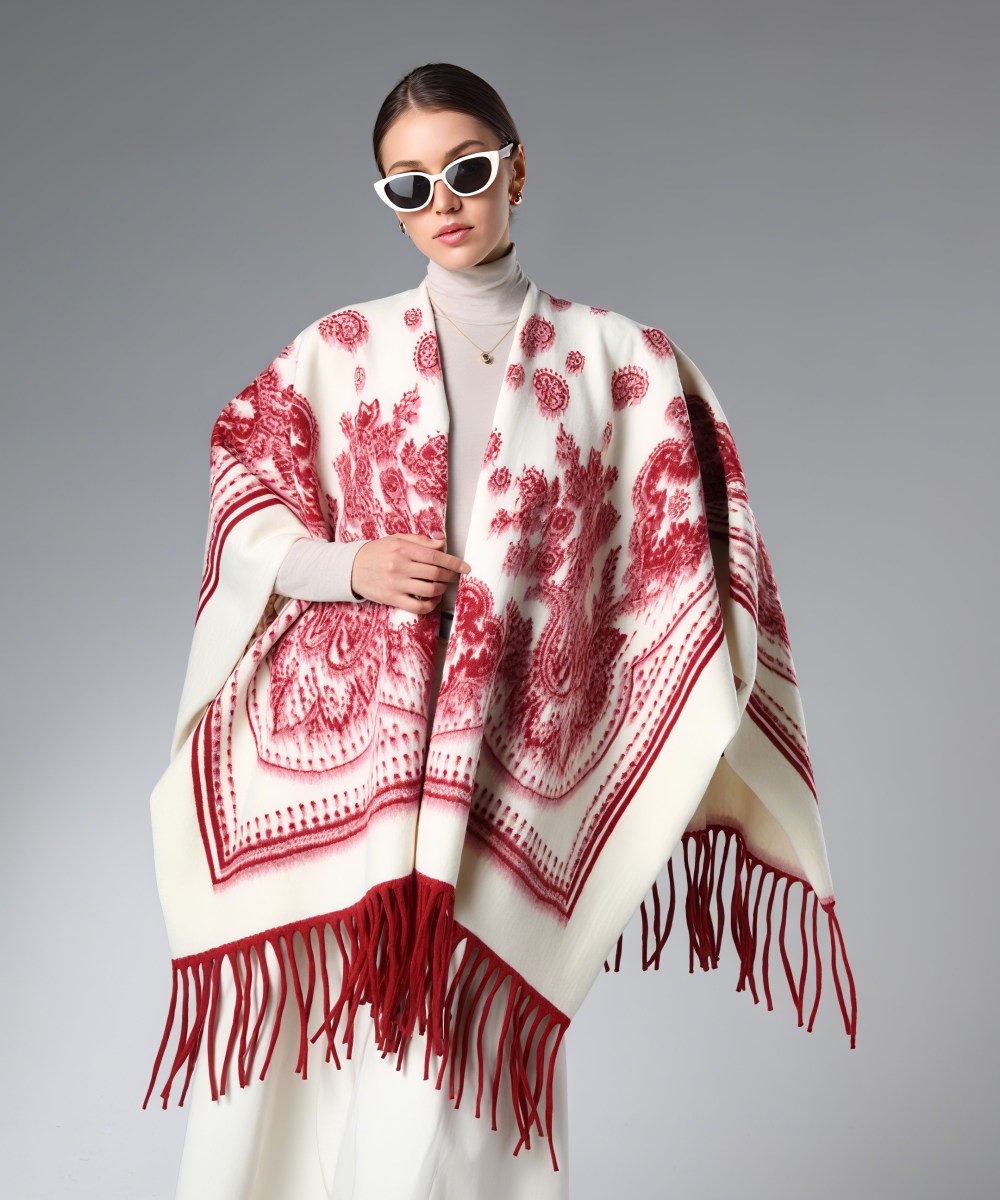 Bulk Vintage Red And White Paisley Shawl With Fringe