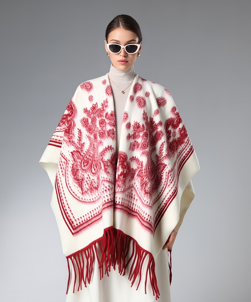 Bulk Vintage Red And White Paisley Shawl With Fringe
