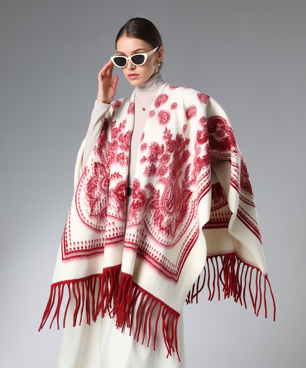 Bulk Vintage Red And White Paisley Shawl With Fringe