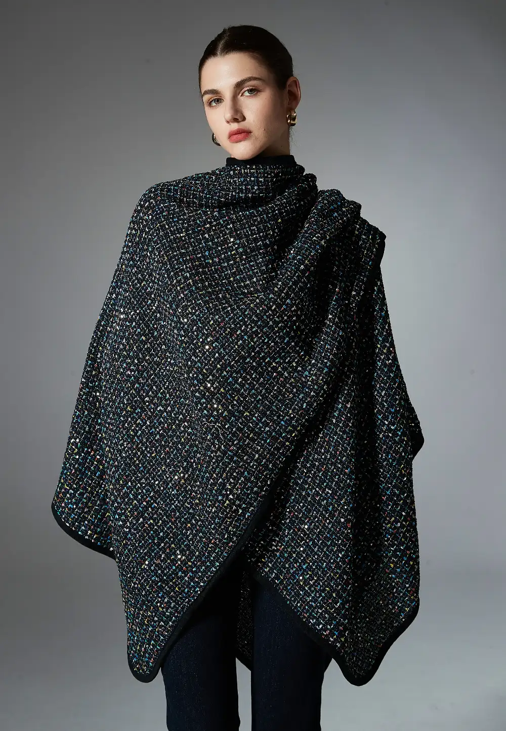 Custom Cross Front Sequin Black Shawl Wrap