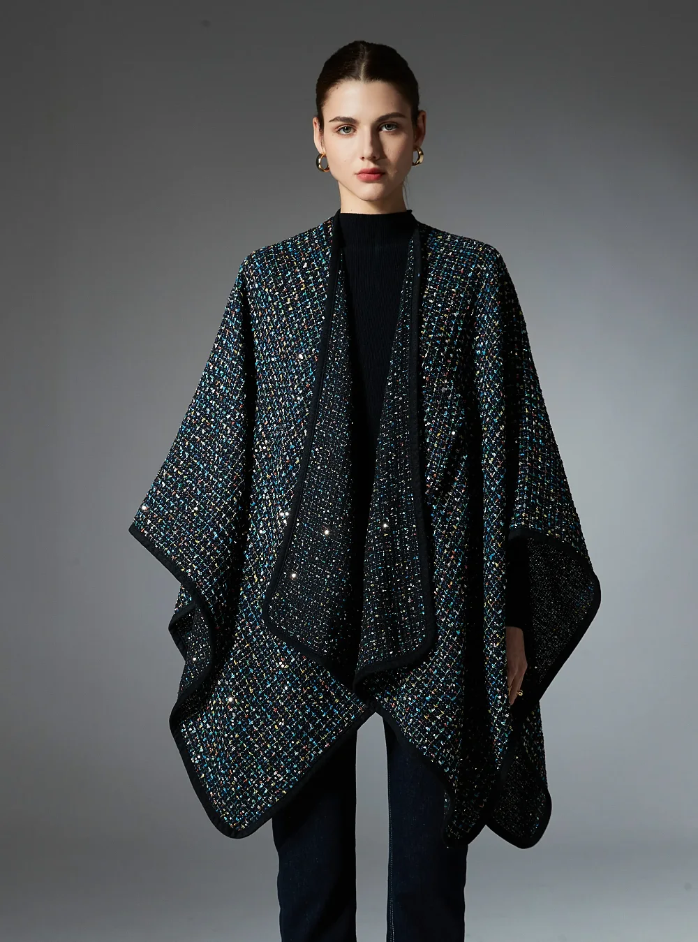 Custom Cross Front Sequin Black Shawl Wrap