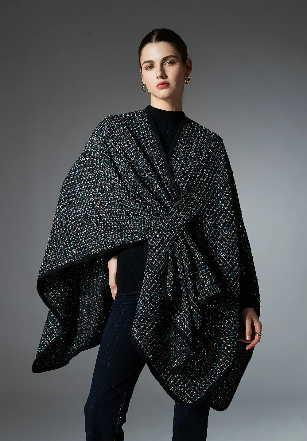 Custom Cross Front Sequin Black Shawl Wrap