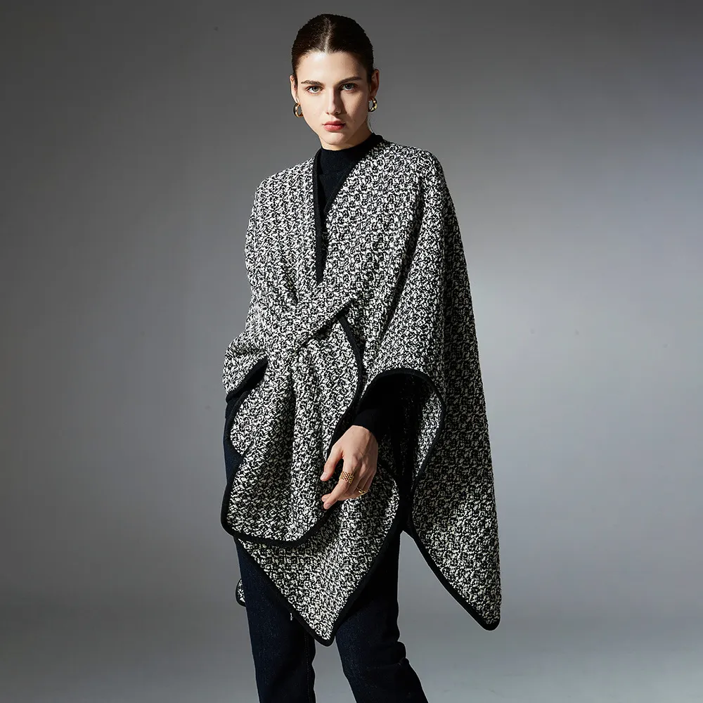 Custom Adjustable Black Wool Plaid Shawl Wrap