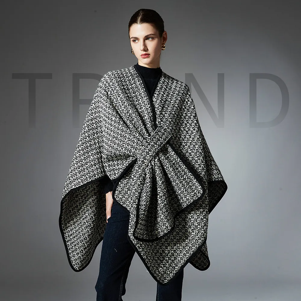 Custom Adjustable Black Wool Plaid Shawl Wrap