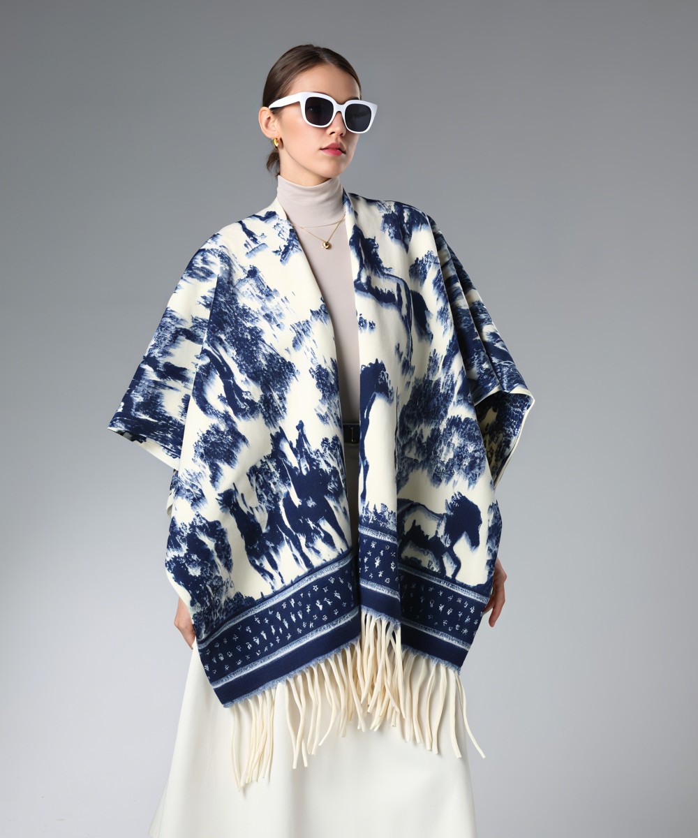 Custom Blue Prancing Horse Pattern Shawl With Fringe