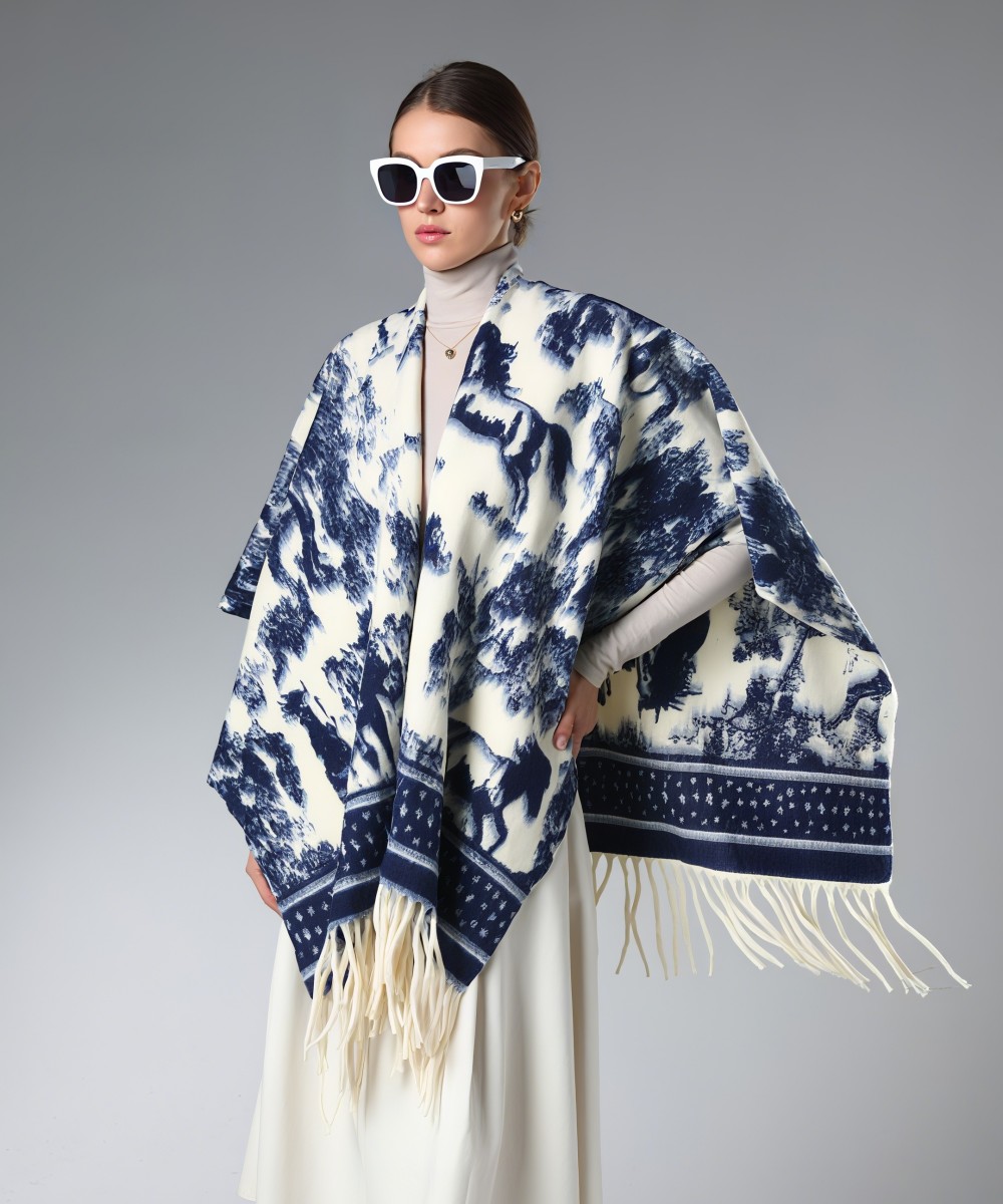 Custom Blue Prancing Horse Pattern Shawl With Fringe