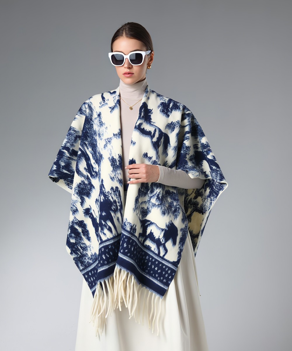 Custom Blue Prancing Horse Pattern Shawl With Fringe