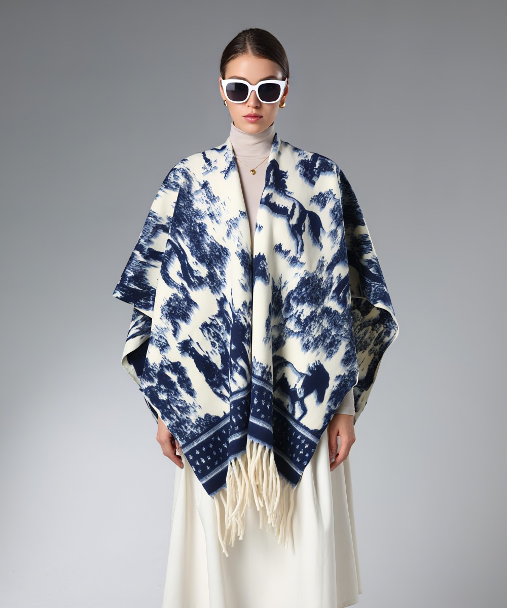 Custom Blue Prancing Horse Pattern Shawl With Fringe