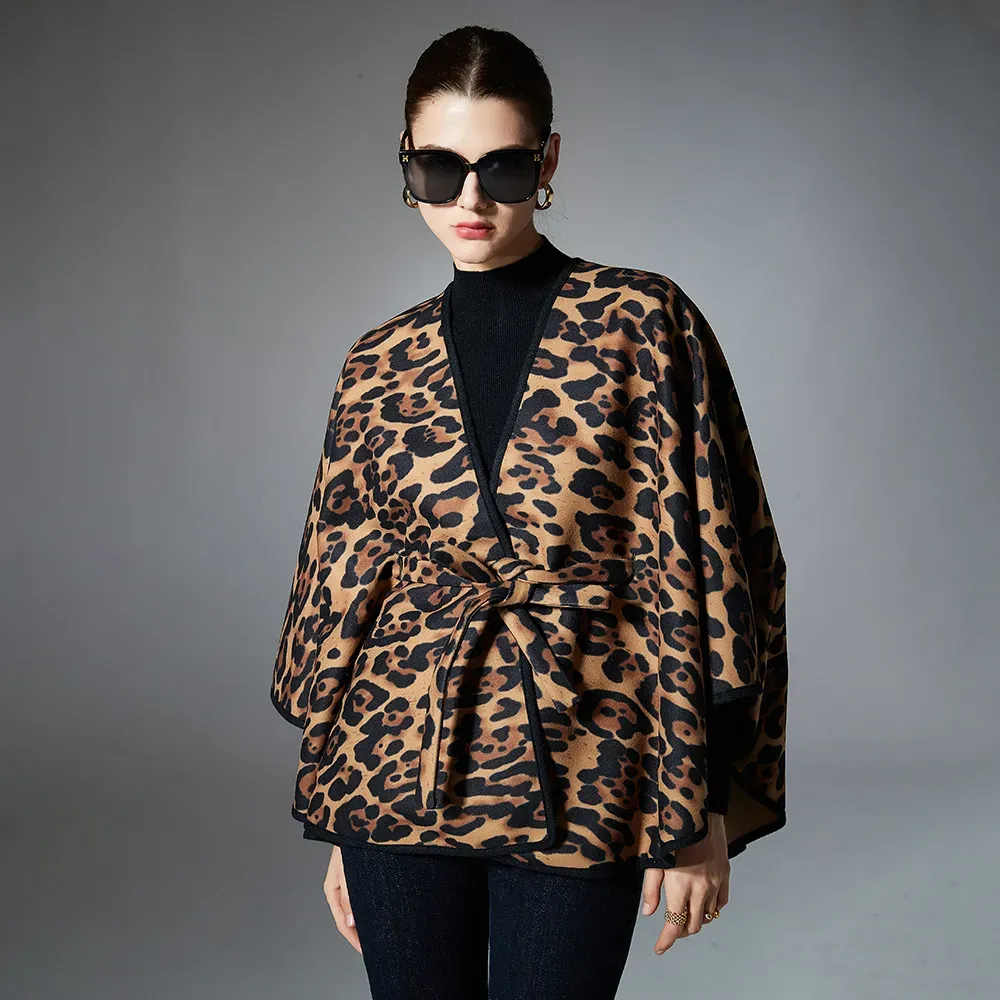 Custom Brown Leopard Print Shawl With Belt