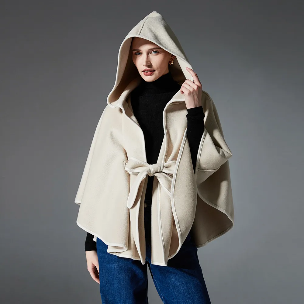 Custom Fall Solid Color Hooded Shawl With Belt