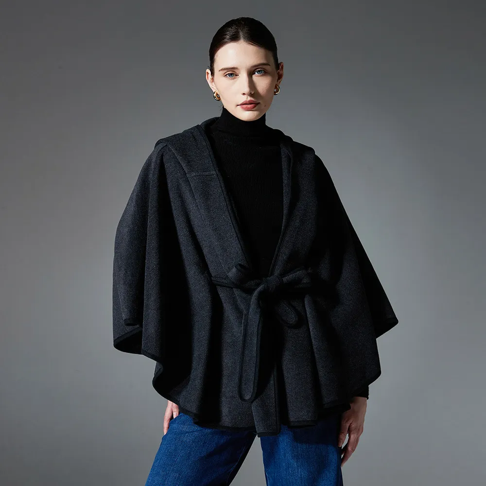 Custom Fall Solid Color Hooded Shawl With Belt